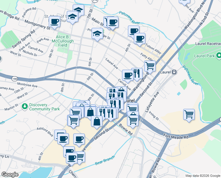 map of restaurants, bars, coffee shops, grocery stores, and more near 605 Fairlawn Avenue in Laurel