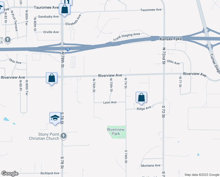 map of restaurants, bars, coffee shops, grocery stores, and more near 60 North 75th Street in Kansas City