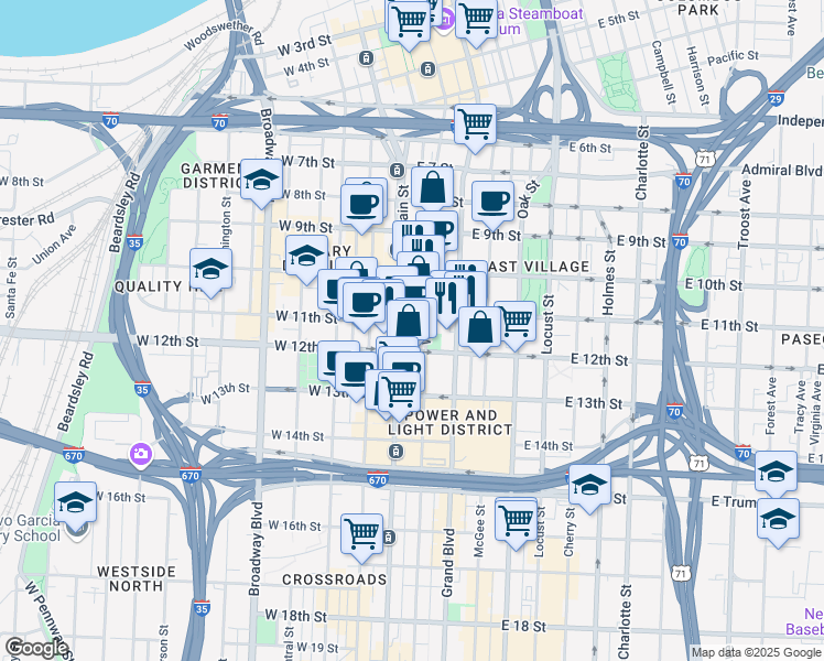 map of restaurants, bars, coffee shops, grocery stores, and more near 1100 Walnut Street in Kansas City