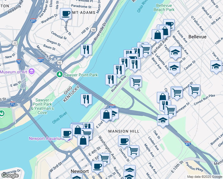 map of restaurants, bars, coffee shops, grocery stores, and more near 401 Riverboat Row in Newport