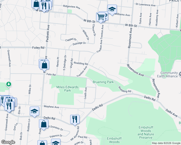 map of restaurants, bars, coffee shops, grocery stores, and more near 4262 Fehr Road in Cincinnati