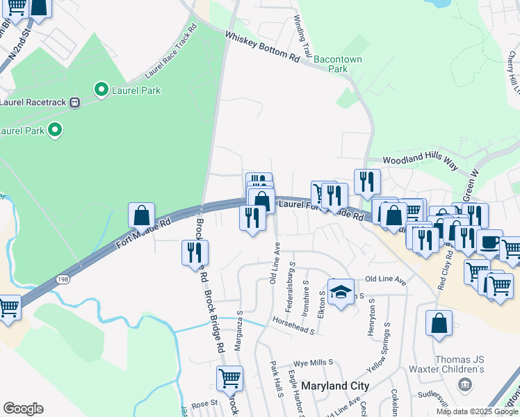 map of restaurants, bars, coffee shops, grocery stores, and more near 3503 Maryland 198 in Maryland City