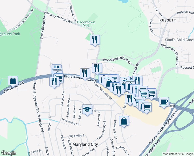 map of restaurants, bars, coffee shops, grocery stores, and more near 3460 Laurel Fort Meade Road in Laurel