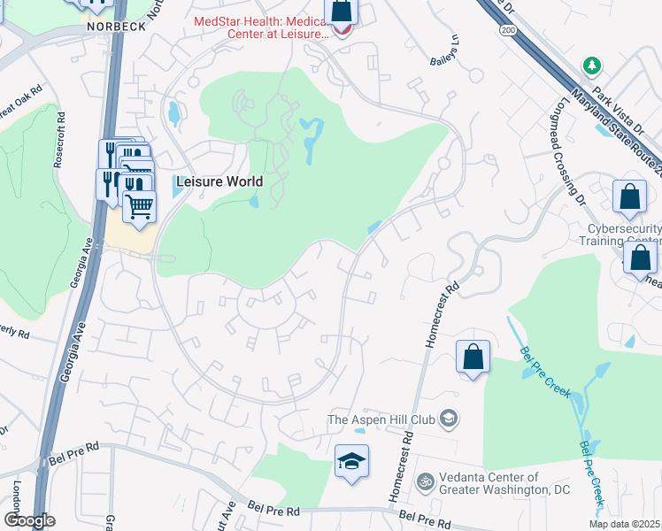 map of restaurants, bars, coffee shops, grocery stores, and more near 3221 South Leisure World Boulevard in Silver Spring