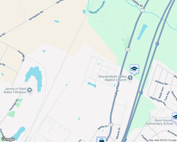 map of restaurants, bars, coffee shops, grocery stores, and more near 129 Woodford Drive in Stephens City