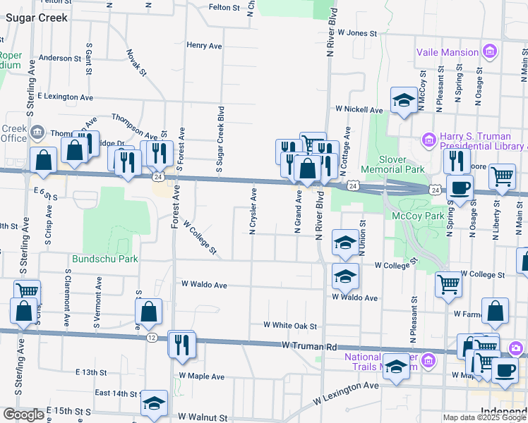 map of restaurants, bars, coffee shops, grocery stores, and more near 1217 West Saint Charles Street in Independence