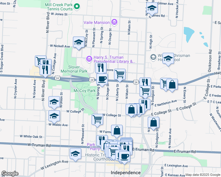 map of restaurants, bars, coffee shops, grocery stores, and more near 911 North Osage Street in Independence