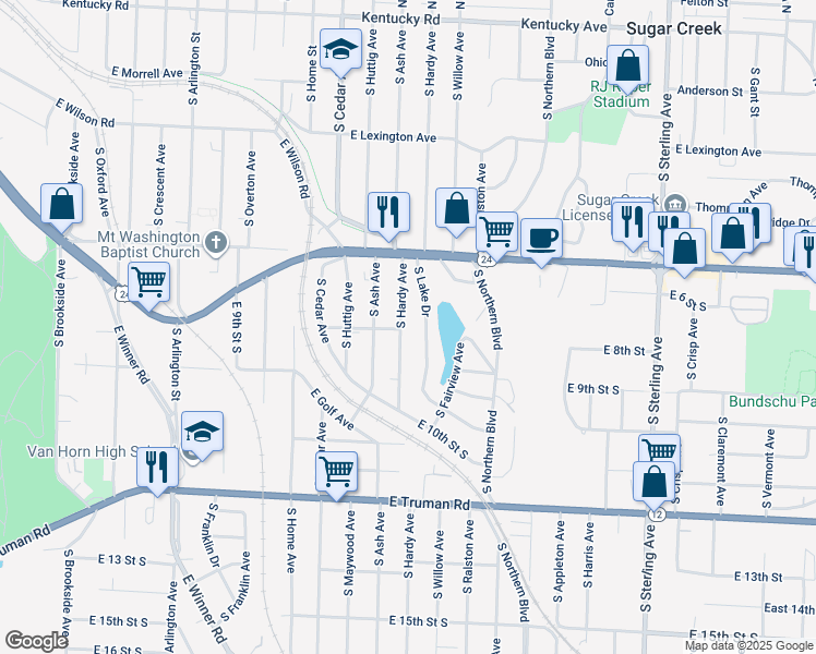 map of restaurants, bars, coffee shops, grocery stores, and more near 629 South Hardy Avenue in Independence
