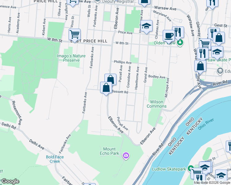 map of restaurants, bars, coffee shops, grocery stores, and more near 475 Purcell Avenue in Cincinnati