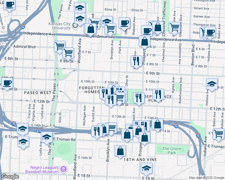 map of restaurants, bars, coffee shops, grocery stores, and more near 1027 Brooklyn Avenue in Kansas City