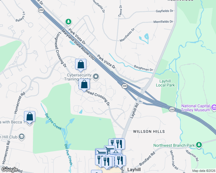map of restaurants, bars, coffee shops, grocery stores, and more near 8 Wimbledon Court in Silver Spring