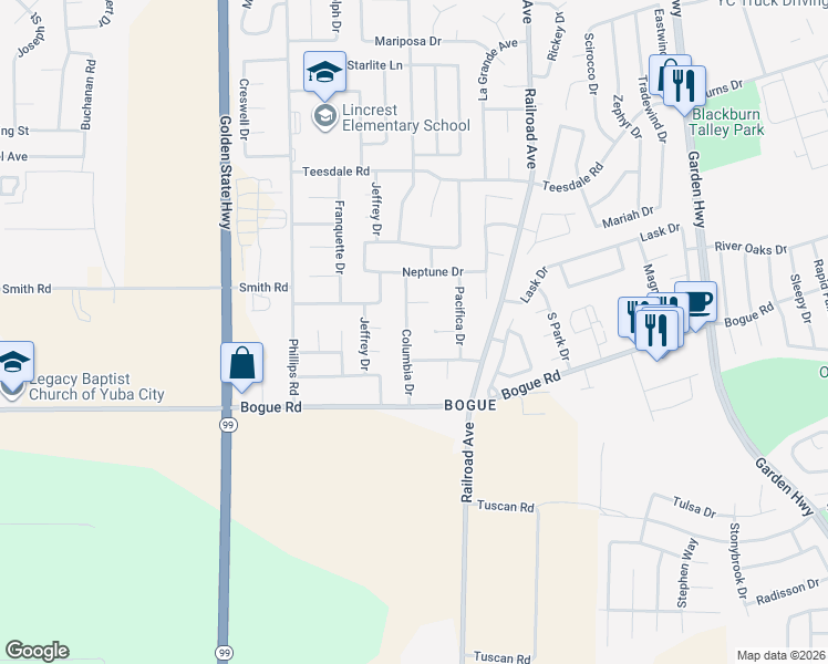 map of restaurants, bars, coffee shops, grocery stores, and more near 1840 Columbia Drive in Yuba City