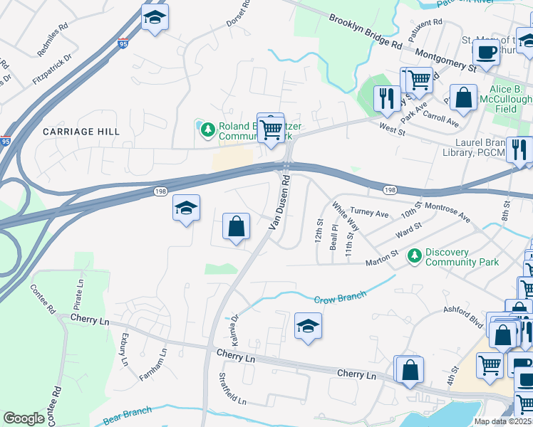 map of restaurants, bars, coffee shops, grocery stores, and more near 15407 North Arbory Way in Laurel