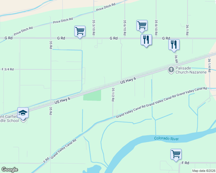 map of restaurants, bars, coffee shops, grocery stores, and more near 3551 US Highway 6 in Palisade