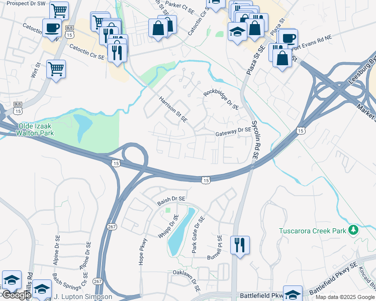 map of restaurants, bars, coffee shops, grocery stores, and more near 846 Vanderbilt Terrace Southeast in Leesburg
