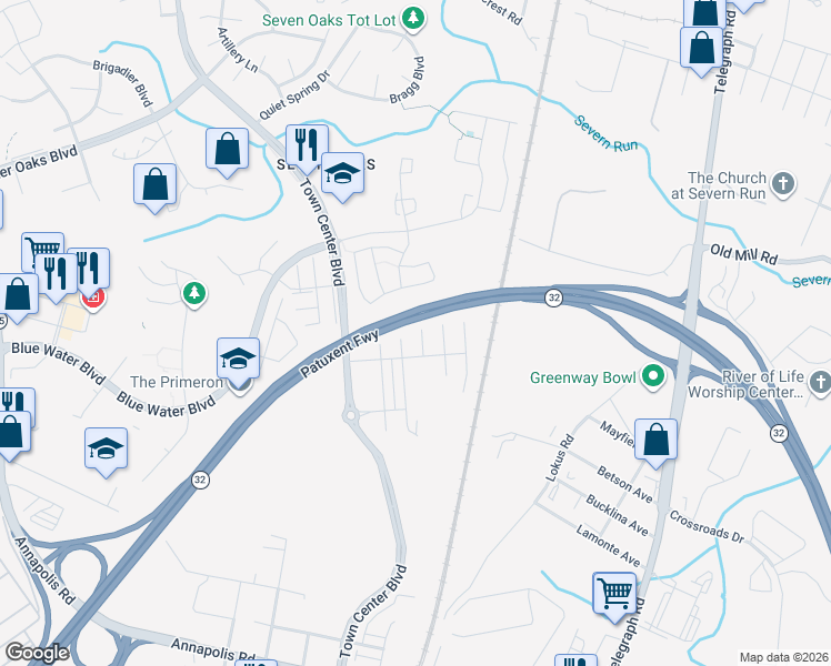 map of restaurants, bars, coffee shops, grocery stores, and more near 1906 Tuckahoe Court in Odenton