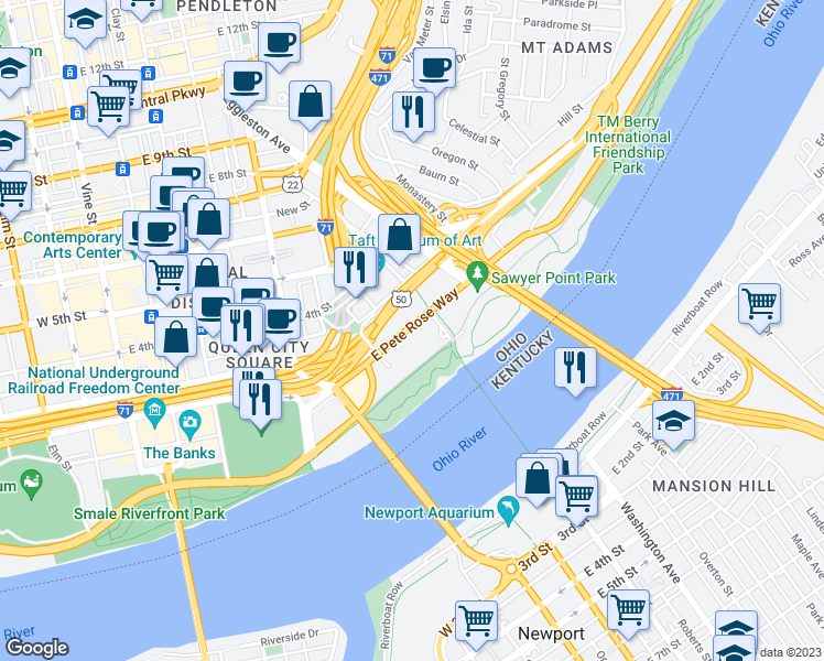 map of restaurants, bars, coffee shops, grocery stores, and more near 601 East Pete Rose Way in Cincinnati