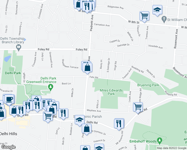 map of restaurants, bars, coffee shops, grocery stores, and more near 4478 Fehr Road in Cincinnati