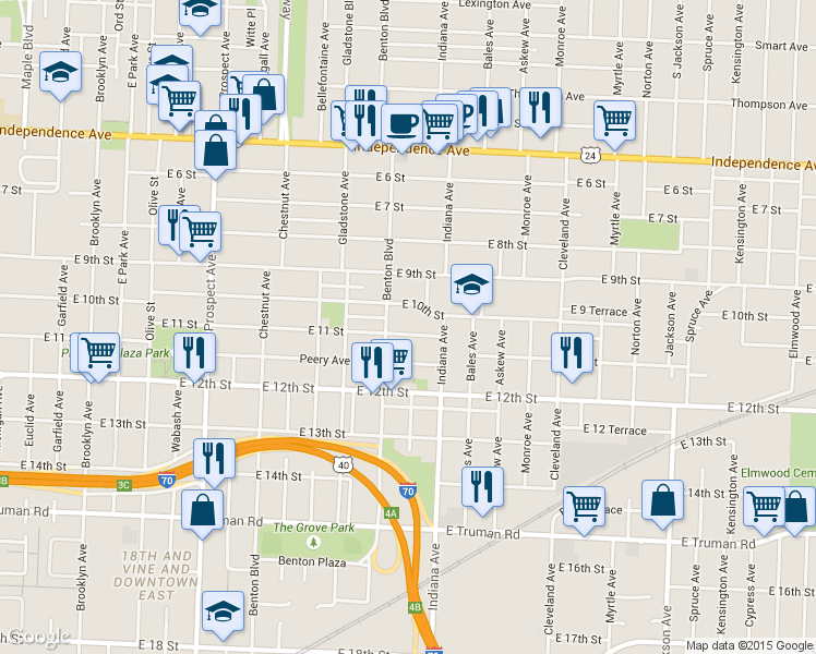 map of restaurants, bars, coffee shops, grocery stores, and more near 3216 East 11th Street in Kansas City