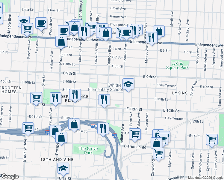 map of restaurants, bars, coffee shops, grocery stores, and more near 3216 East 11th Street in Kansas City