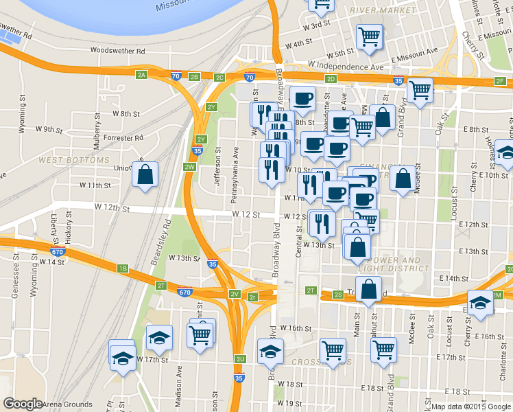 map of restaurants, bars, coffee shops, grocery stores, and more near 444 West 12th Street in Kansas City