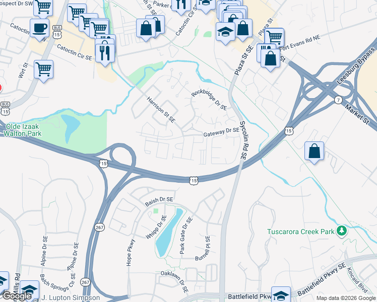 map of restaurants, bars, coffee shops, grocery stores, and more near 770 Vanderbilt Terrace Southeast in Leesburg