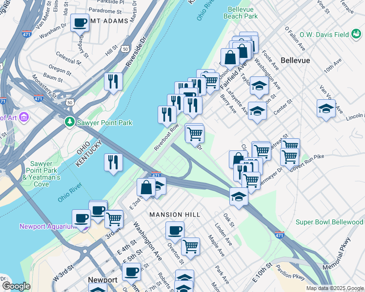 map of restaurants, bars, coffee shops, grocery stores, and more near 85 Riviera Drive in Bellevue