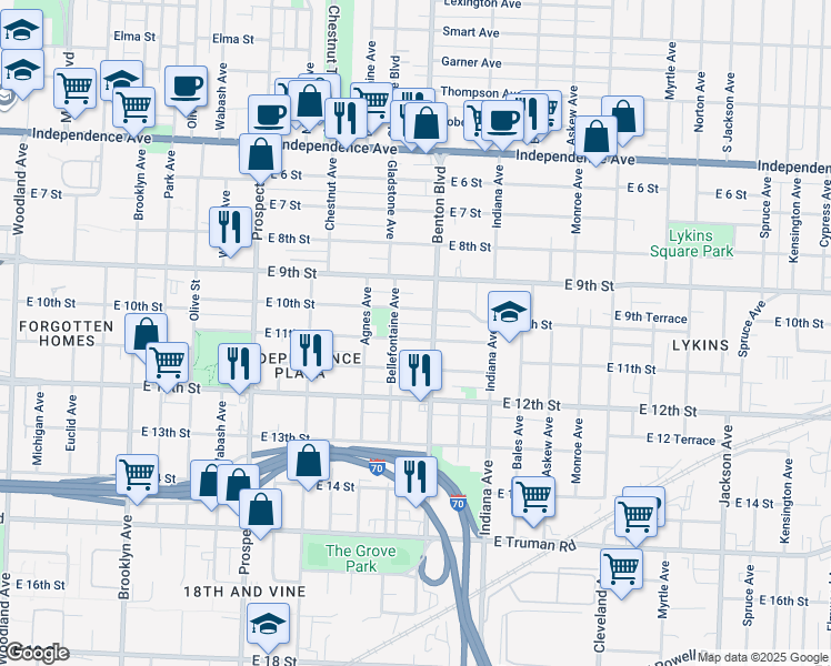 map of restaurants, bars, coffee shops, grocery stores, and more near 3116 East 11 Street in Kansas City