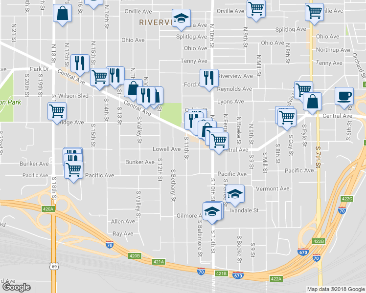 map of restaurants, bars, coffee shops, grocery stores, and more near 28 South 11th Street in Kansas City