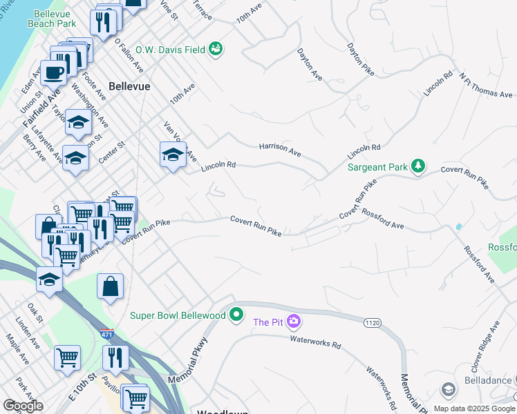 map of restaurants, bars, coffee shops, grocery stores, and more near 611 South O Fallon Avenue in Bellevue