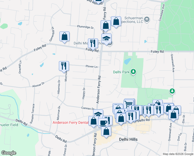 map of restaurants, bars, coffee shops, grocery stores, and more near 5304 Romance Lane in Cincinnati