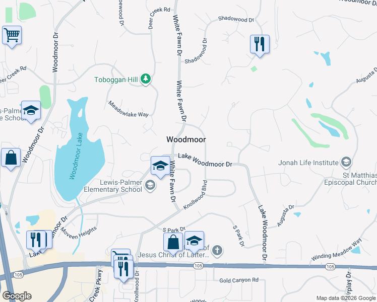 map of restaurants, bars, coffee shops, grocery stores, and more near 1090 Lake Woodmoor Drive in Monument