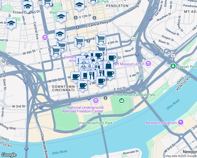 map of restaurants, bars, coffee shops, grocery stores, and more near 14 East 4th Street in Cincinnati