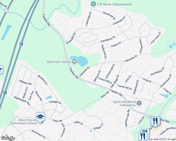 map of restaurants, bars, coffee shops, grocery stores, and more near 108 Lakeside Drive in Stephens City