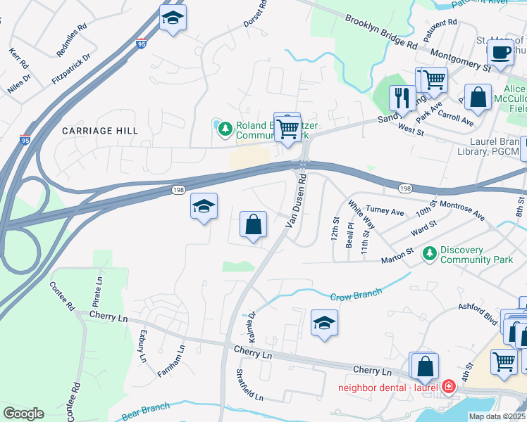 map of restaurants, bars, coffee shops, grocery stores, and more near 7653 Arbory Court in Laurel
