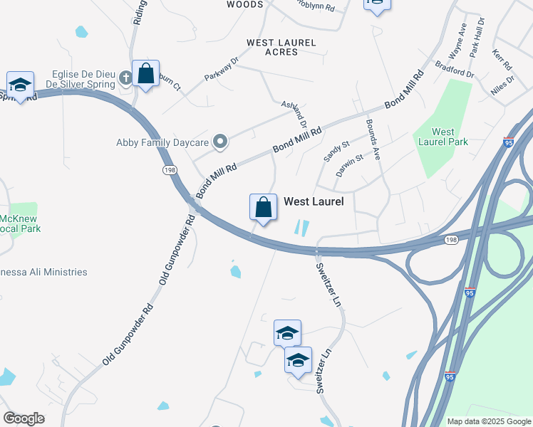 map of restaurants, bars, coffee shops, grocery stores, and more near 15311 Bauer Lane in Laurel