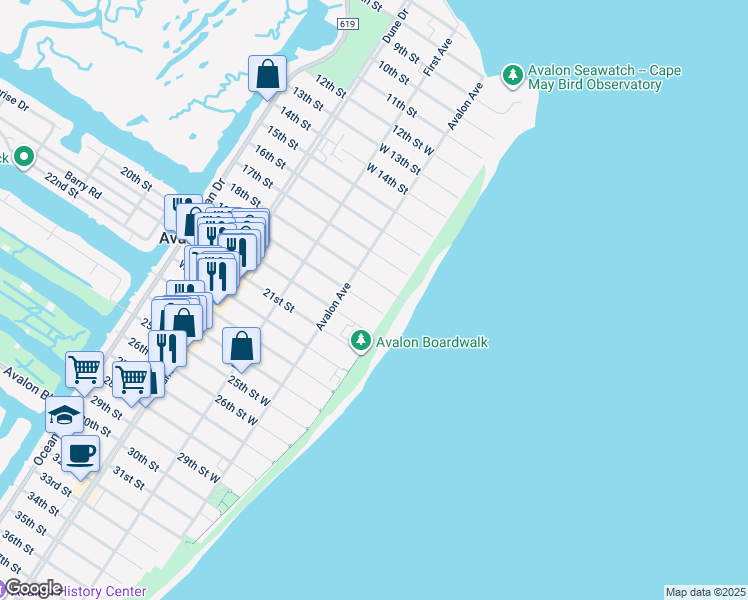 map of restaurants, bars, coffee shops, grocery stores, and more near 65 19th Street East in Avalon
