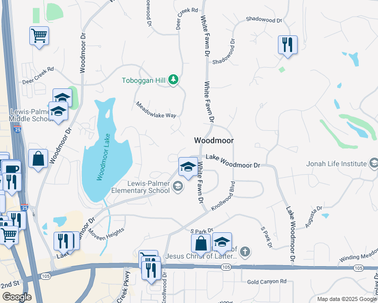 map of restaurants, bars, coffee shops, grocery stores, and more near 1235 Spinnaker Trail in Monument