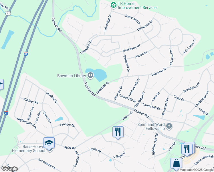 map of restaurants, bars, coffee shops, grocery stores, and more near 108 Lakeside Drive in Stephens City