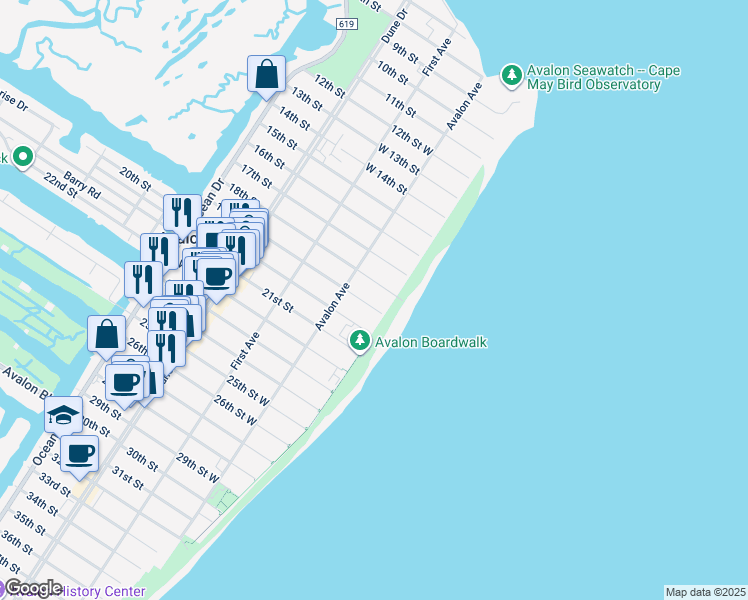 map of restaurants, bars, coffee shops, grocery stores, and more near 65 19th Street East in Avalon