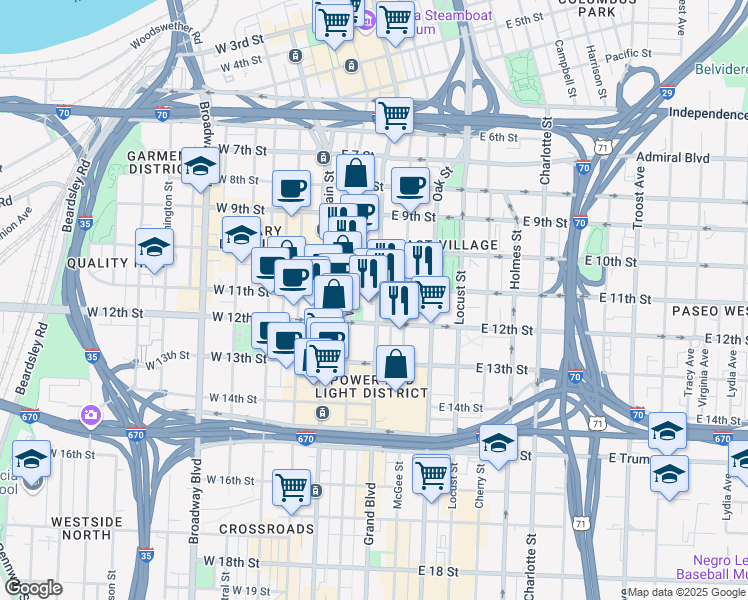 map of restaurants, bars, coffee shops, grocery stores, and more near 1108 Grand Boulevard in Kansas City