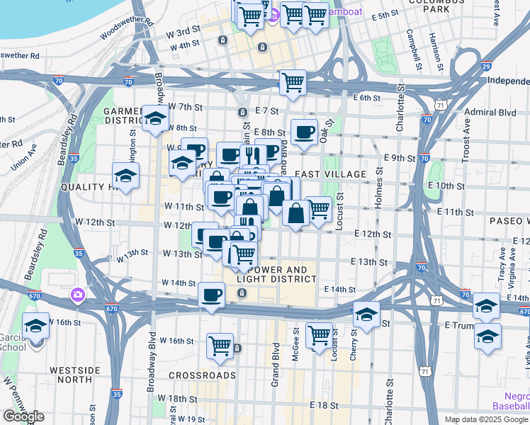 map of restaurants, bars, coffee shops, grocery stores, and more near 1101 Walnut Street in Kansas City
