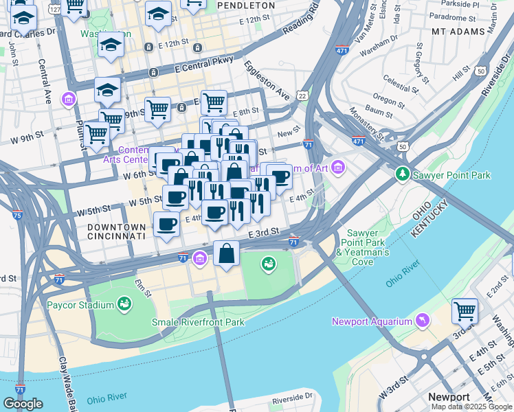 map of restaurants, bars, coffee shops, grocery stores, and more near 301 East 4th Street in Cincinnati