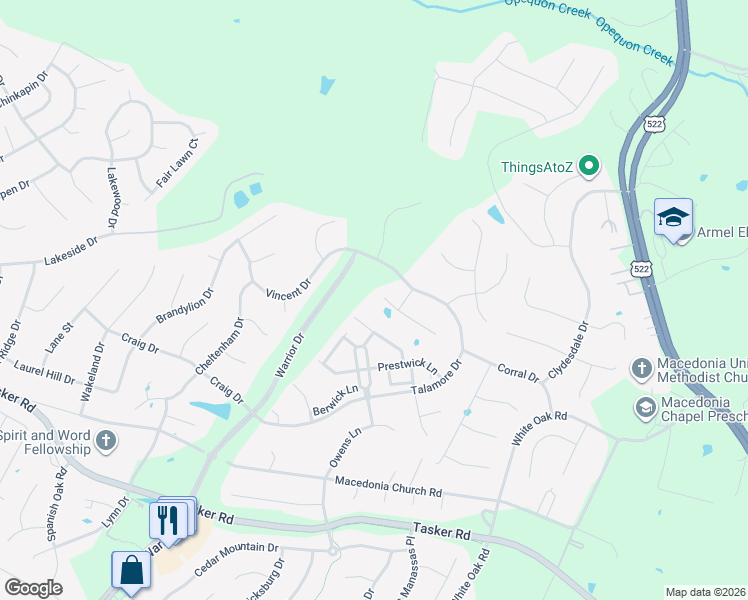 map of restaurants, bars, coffee shops, grocery stores, and more near 102 Collington Court in Stephens City