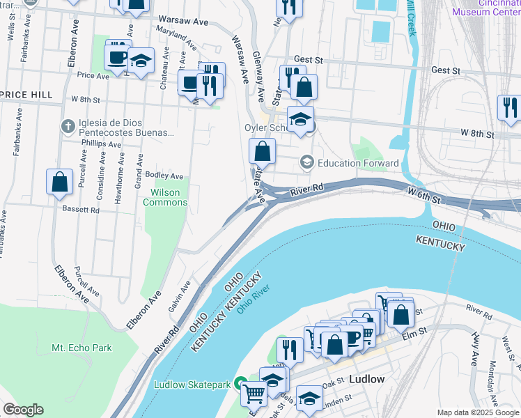 map of restaurants, bars, coffee shops, grocery stores, and more near 1675 River Road in Cincinnati
