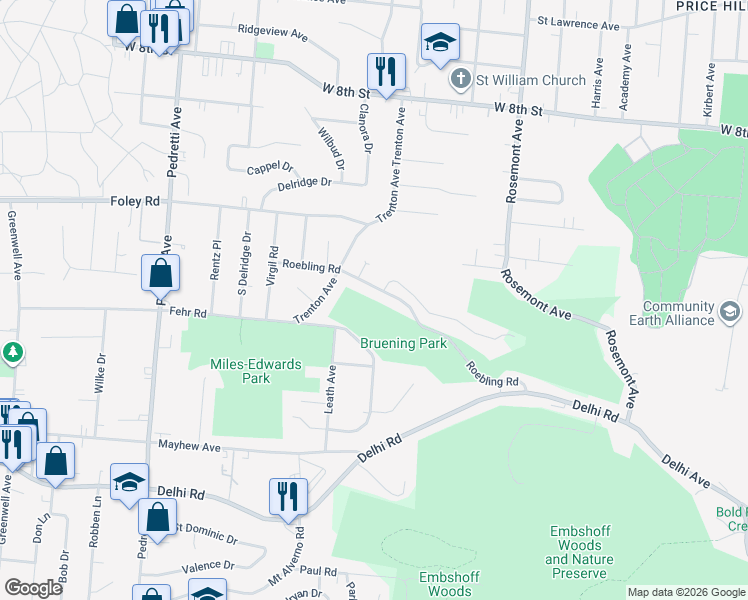 map of restaurants, bars, coffee shops, grocery stores, and more near 521 Roebling Road in Cincinnati
