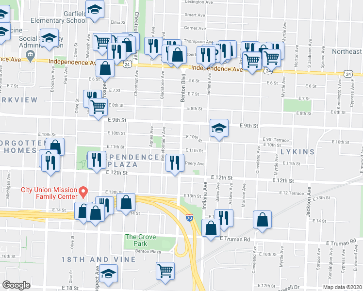 map of restaurants, bars, coffee shops, grocery stores, and more near 1015 Benton Boulevard in Kansas City