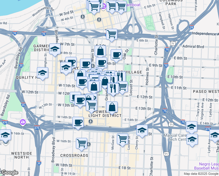 map of restaurants, bars, coffee shops, grocery stores, and more near 1120 Grand Boulevard in Kansas City