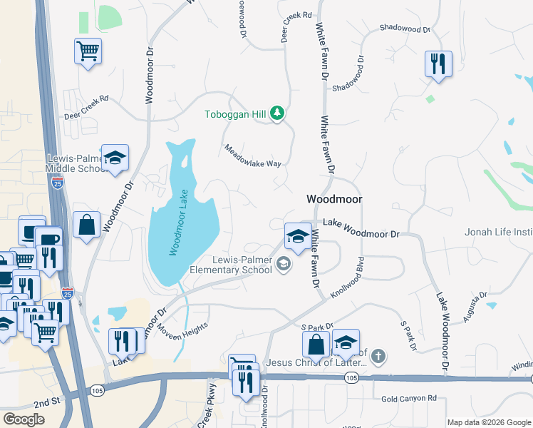 map of restaurants, bars, coffee shops, grocery stores, and more near 1310 Spinnaker Trail in Monument