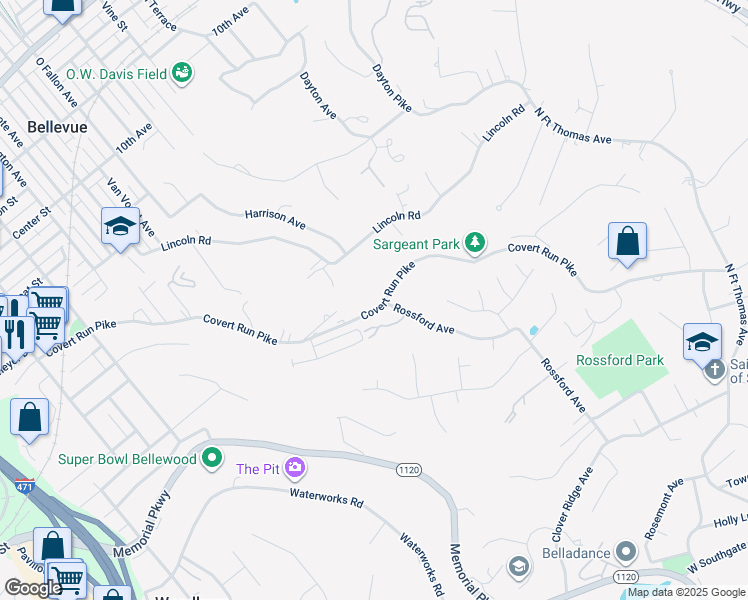 map of restaurants, bars, coffee shops, grocery stores, and more near 759 Covert Run Pike in Bellevue